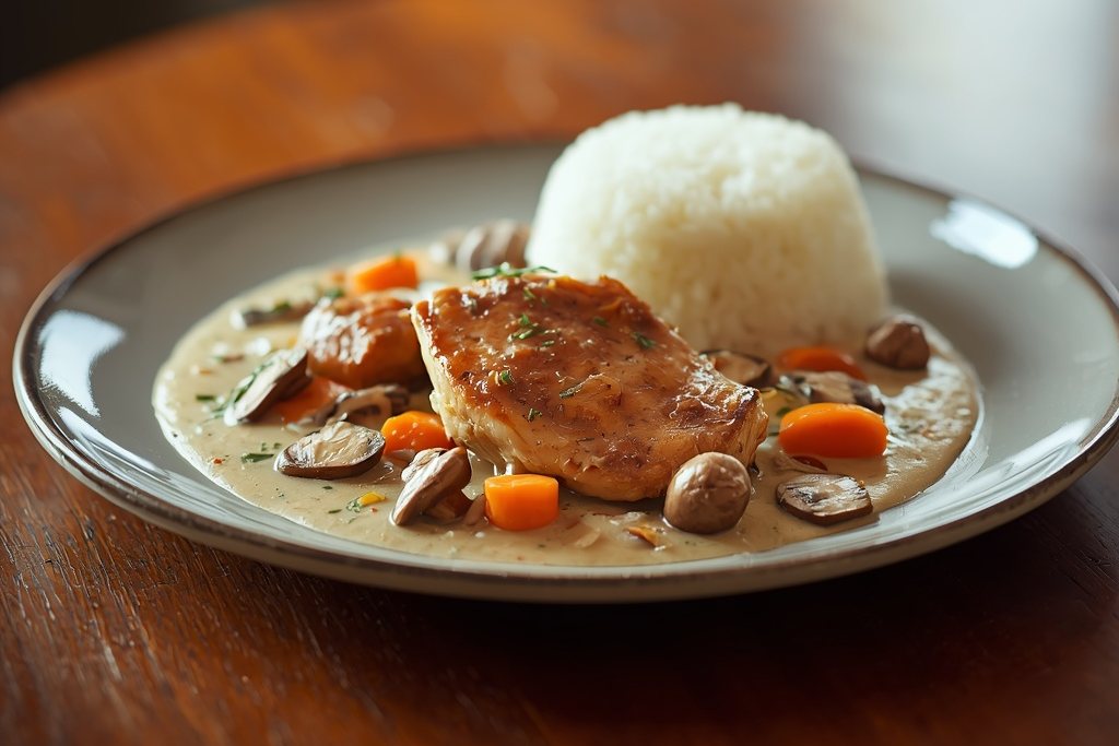 Browned chicken in a creamy sauce with carrots and mushrooms, next to a dome of white rice
